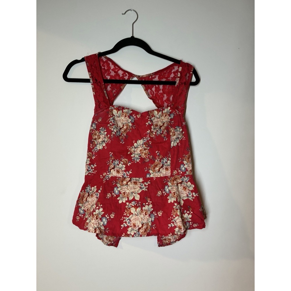 red floral halter romper ruffled peplum waist zipper back lace flowy whimsical S